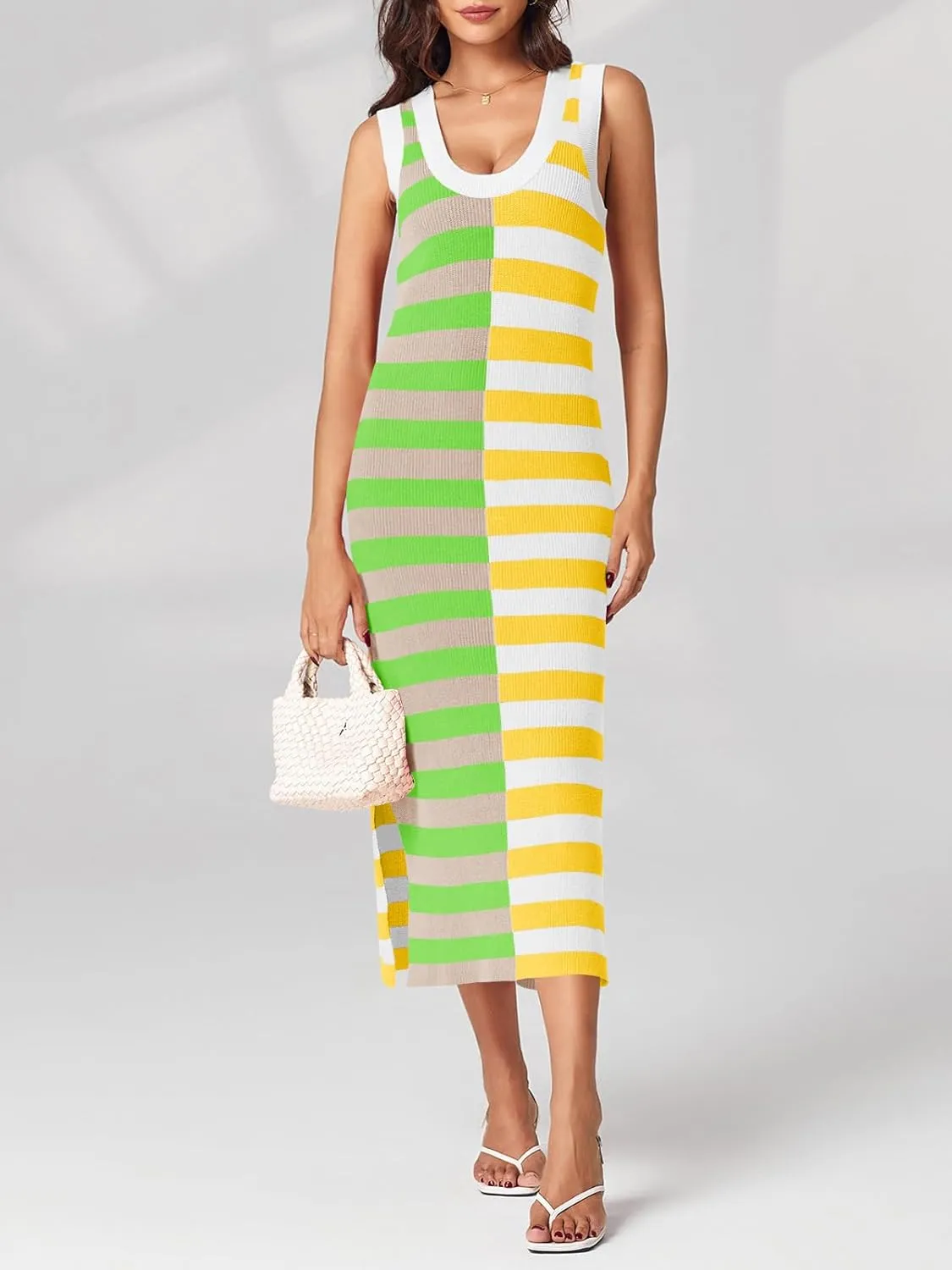 Wenrine Womens Summer Striped Dress Sleeveless Knitted Contrast Color Side Slit Casual Maxi Beach Dress
