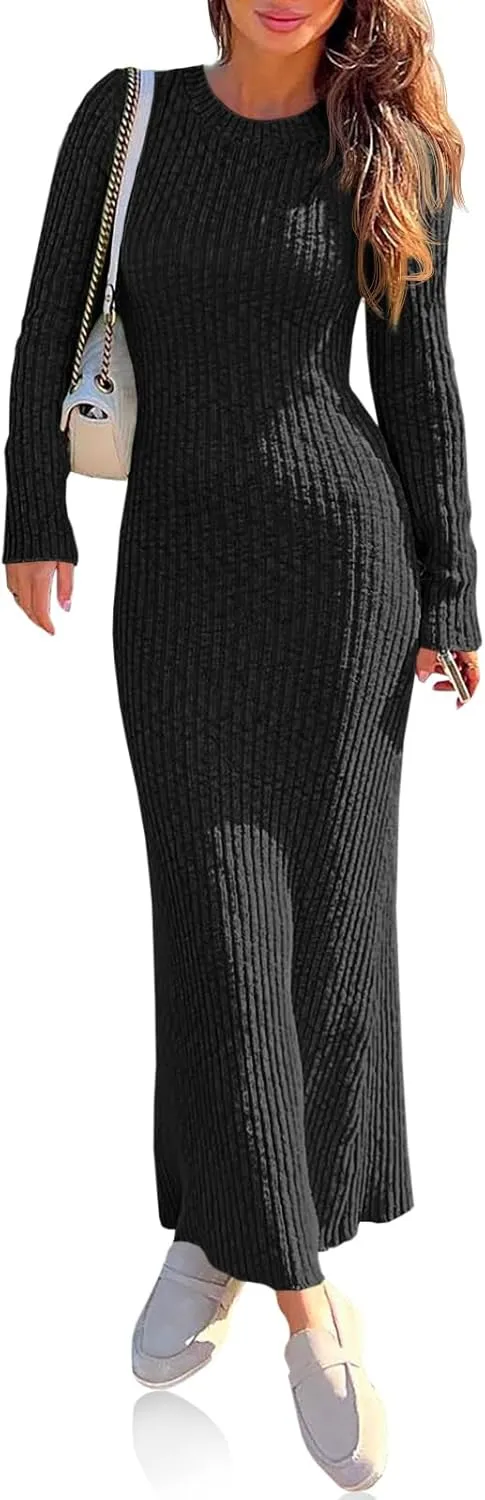 Wenrine Womens Sweater Maxi Dress Long Sleeve Knit Ribbed Crew Neck Slim Fit Casaul Fall Long Dresses