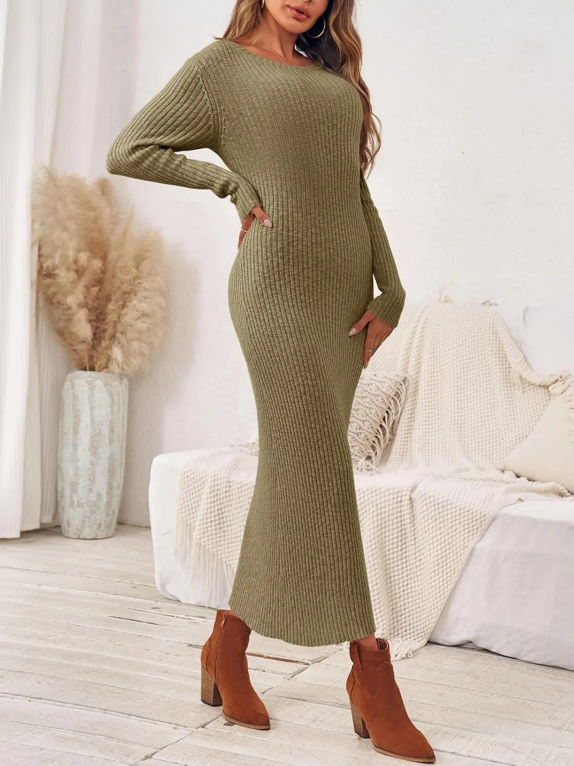 Wenrine Womens Sweater Maxi Dress Long Sleeve Knit Ribbed Crew Neck Slim Fit Casaul Fall Long Dresses