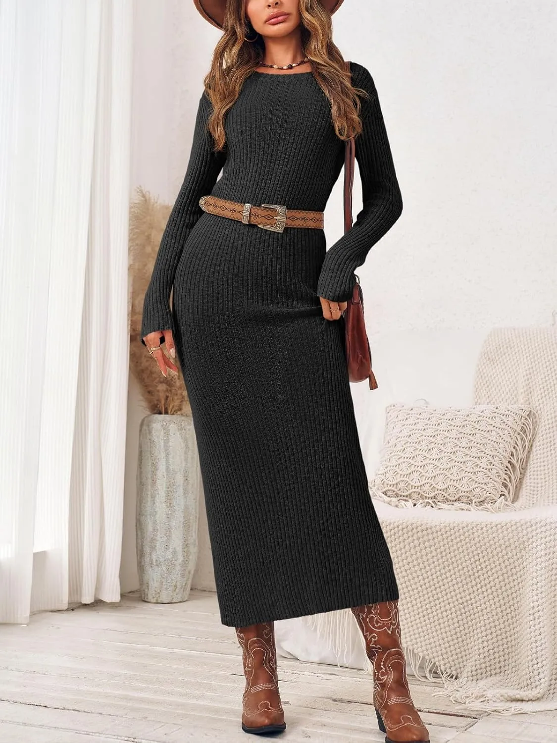 Wenrine Womens Sweater Maxi Dress Long Sleeve Knit Ribbed Crew Neck Slim Fit Casaul Fall Long Dresses