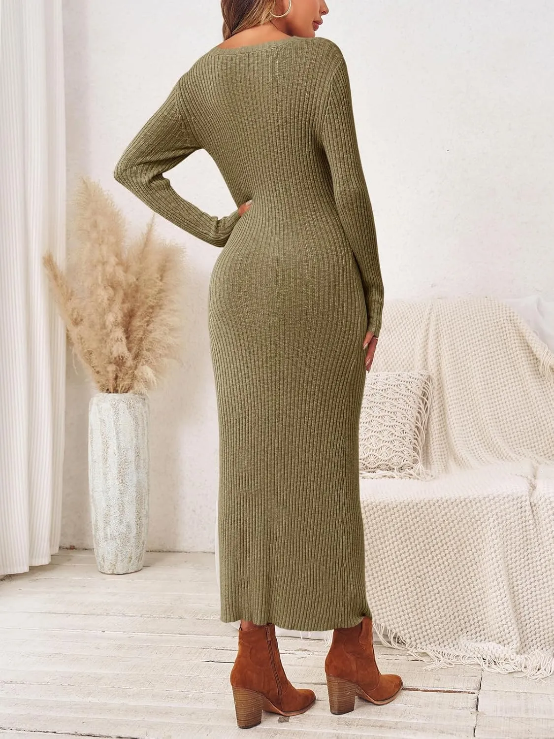 Wenrine Womens Sweater Maxi Dress Long Sleeve Knit Ribbed Crew Neck Slim Fit Casaul Fall Long Dresses