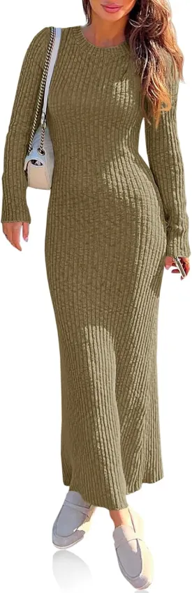 Wenrine Womens Sweater Maxi Dress Long Sleeve Knit Ribbed Crew Neck Slim Fit Casaul Fall Long Dresses