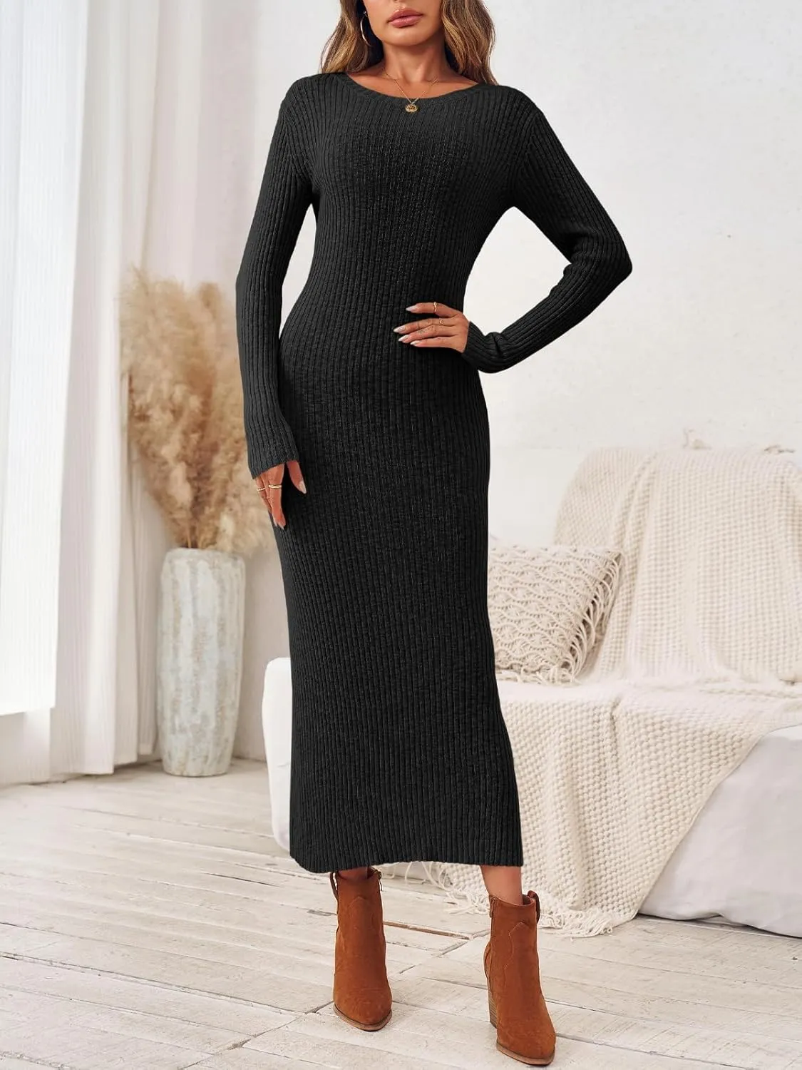 Wenrine Womens Sweater Maxi Dress Long Sleeve Knit Ribbed Crew Neck Slim Fit Casaul Fall Long Dresses