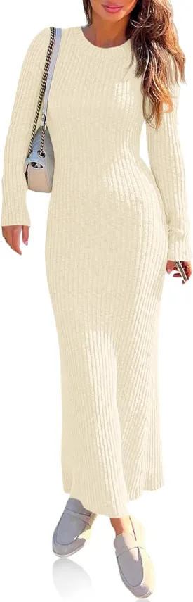 Wenrine Womens Sweater Maxi Dress Long Sleeve Knit Ribbed Crew Neck Slim Fit Casaul Fall Long Dresses
