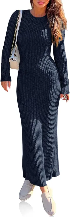 Wenrine Womens Sweater Maxi Dress Long Sleeve Knit Ribbed Crew Neck Slim Fit Casaul Fall Long Dresses