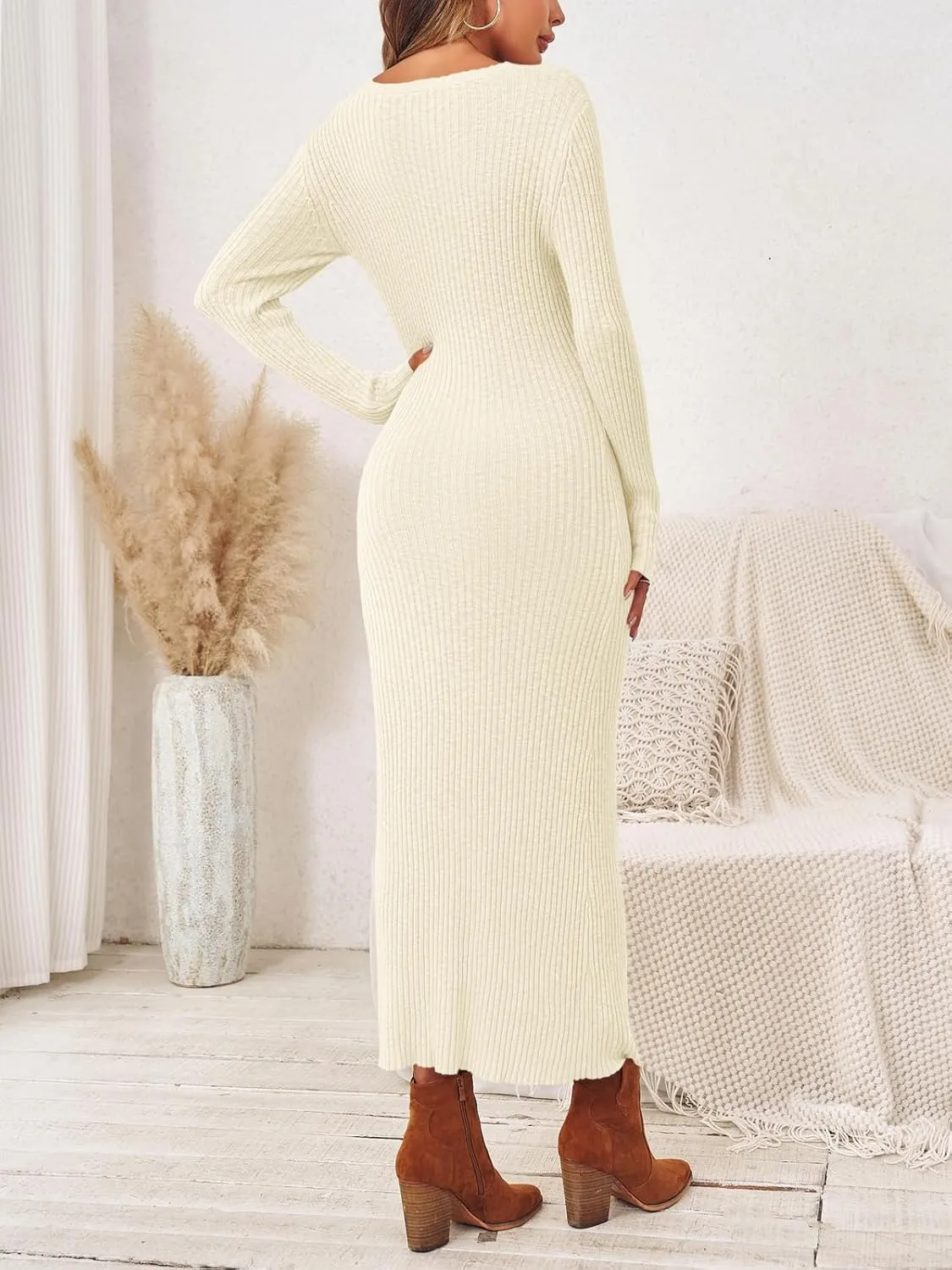 Wenrine Womens Sweater Maxi Dress Long Sleeve Knit Ribbed Crew Neck Slim Fit Casaul Fall Long Dresses