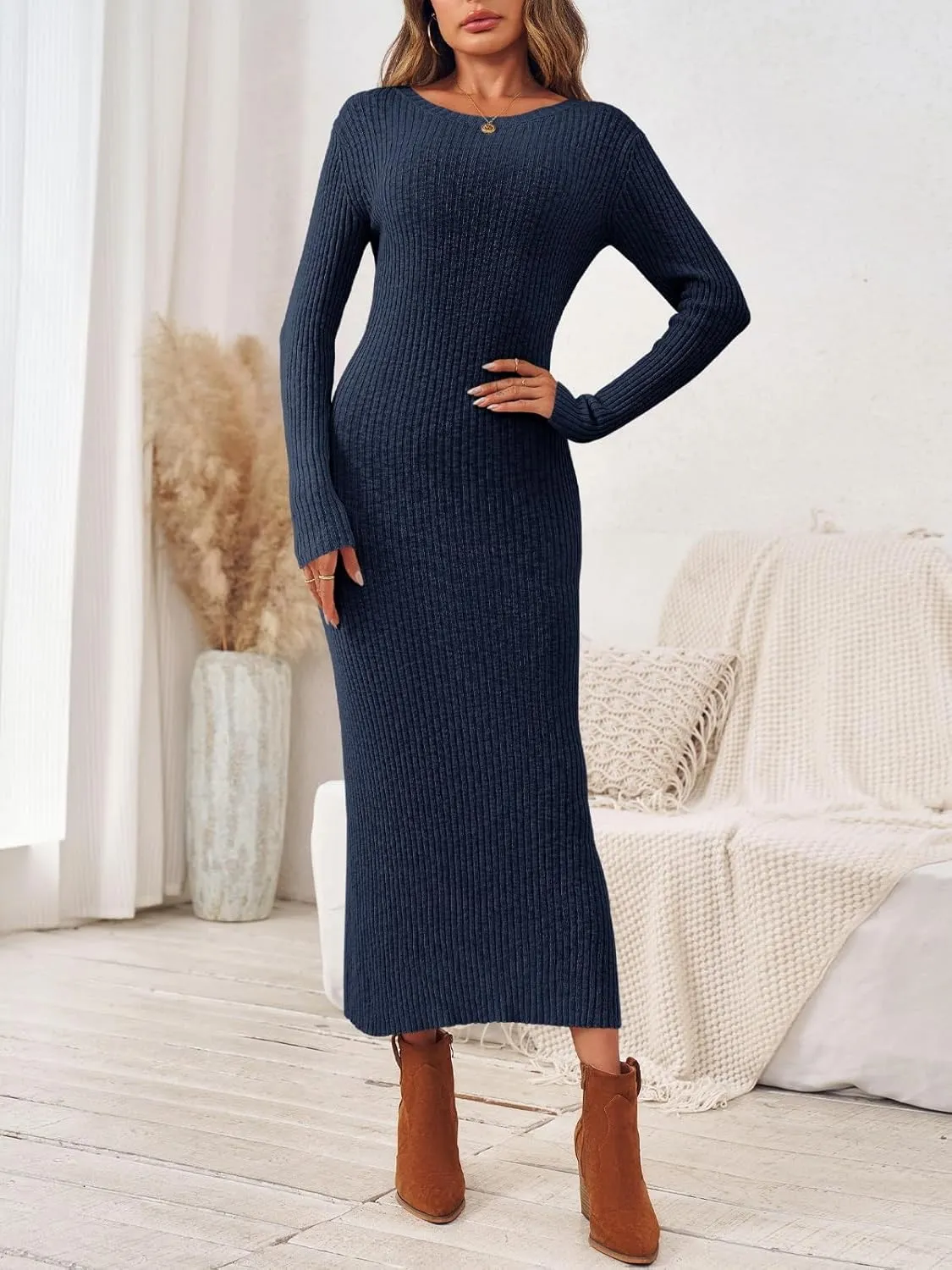Wenrine Womens Sweater Maxi Dress Long Sleeve Knit Ribbed Crew Neck Slim Fit Casaul Fall Long Dresses