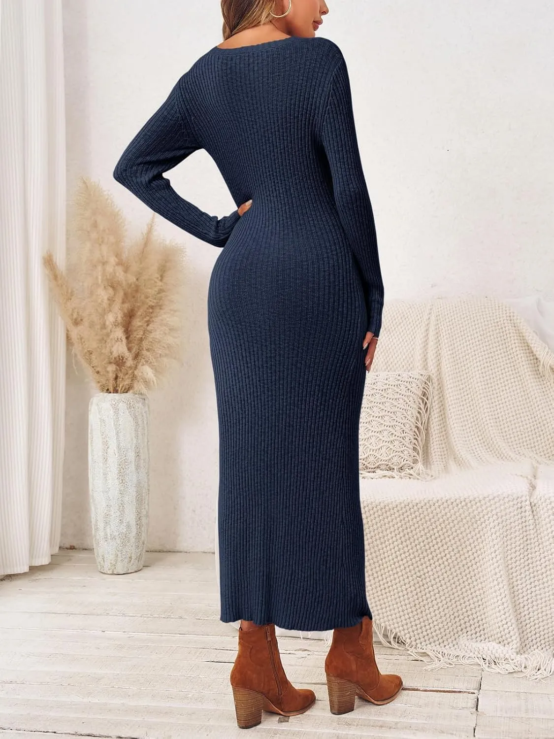 Wenrine Womens Sweater Maxi Dress Long Sleeve Knit Ribbed Crew Neck Slim Fit Casaul Fall Long Dresses