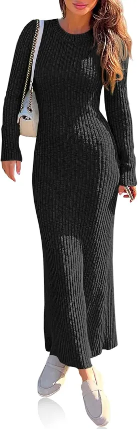 Wenrine Womens Sweater Maxi Dress Long Sleeve Knit Ribbed Crew Neck Slim Fit Casaul Fall Long Dresses