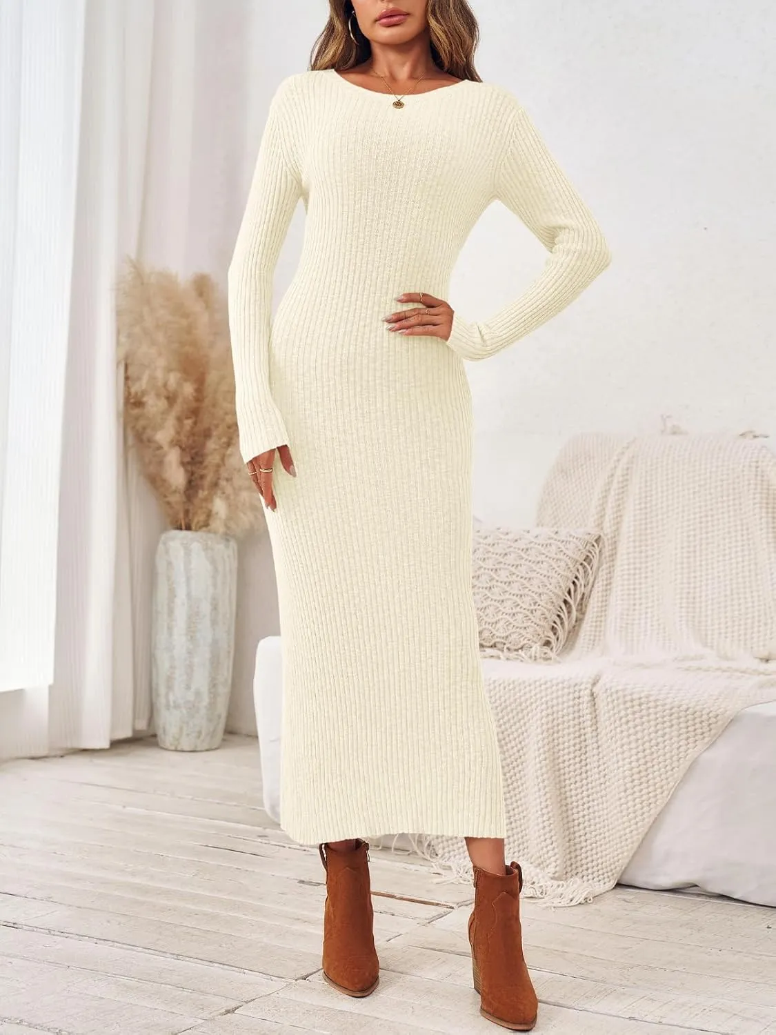 Wenrine Womens Sweater Maxi Dress Long Sleeve Knit Ribbed Crew Neck Slim Fit Casaul Fall Long Dresses