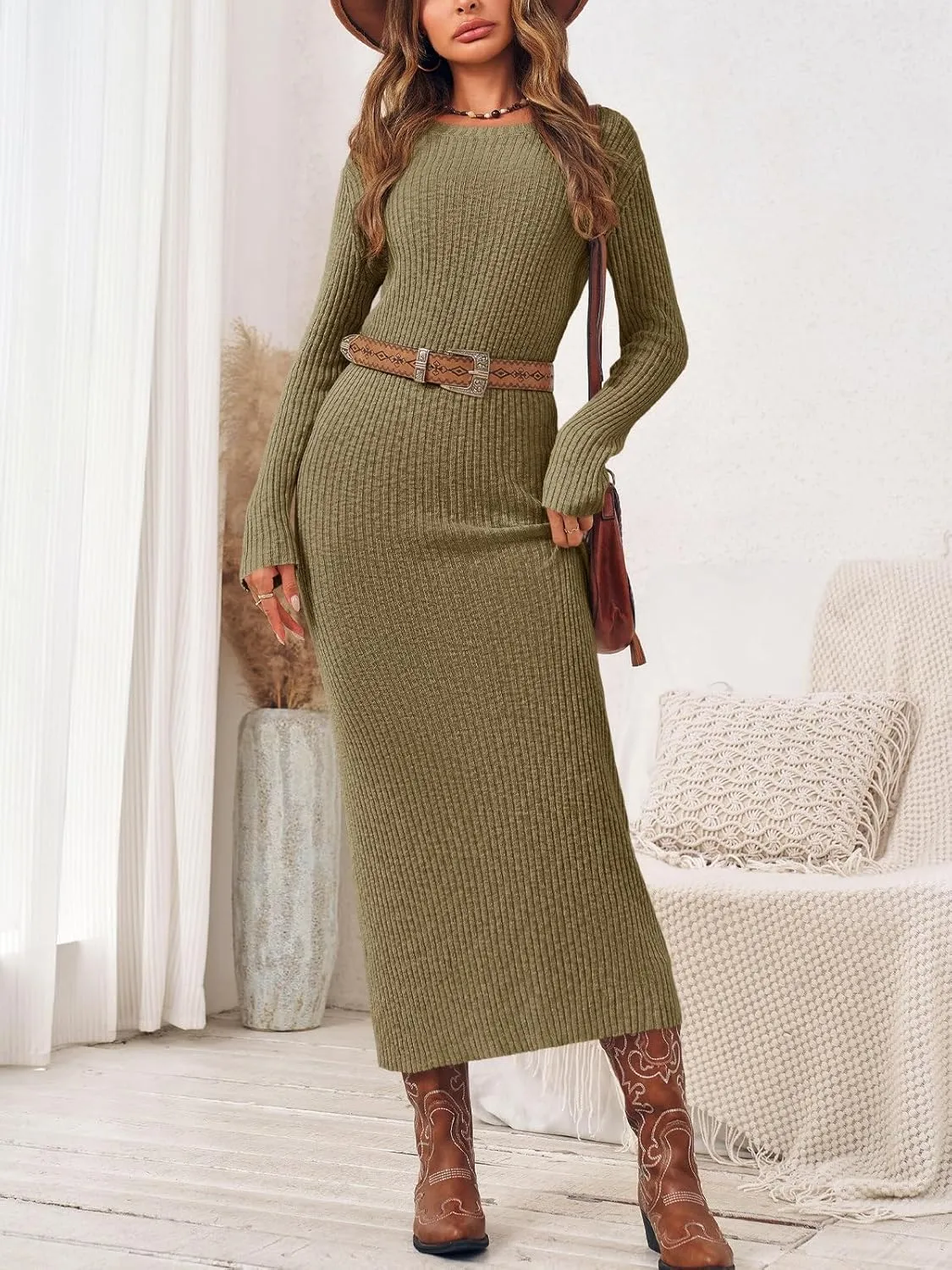 Wenrine Womens Sweater Maxi Dress Long Sleeve Knit Ribbed Crew Neck Slim Fit Casaul Fall Long Dresses