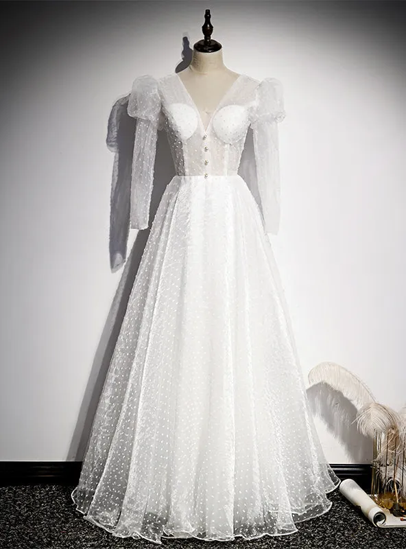 White Tulle V-neck Long Sleeve See Through Top Prom Dress