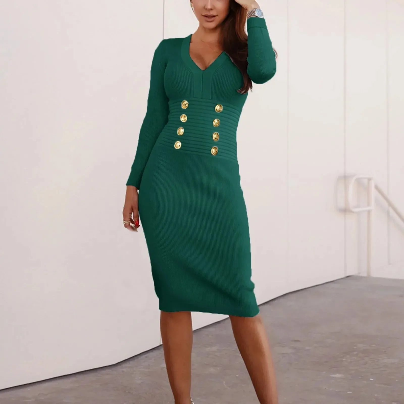 Winter Slim Fit V-neck Double Breasted Knitted Sexy Slim Midi Autumn Dress