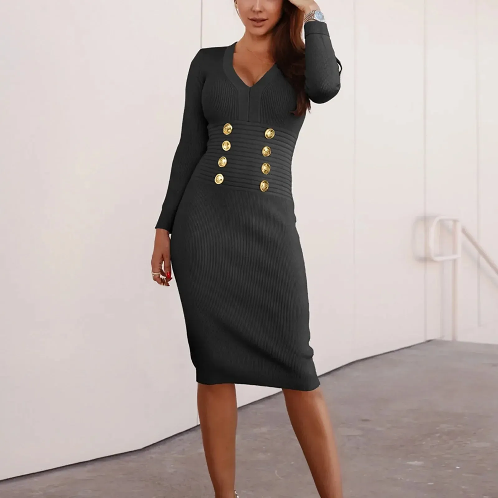 Winter Slim Fit V-neck Double Breasted Knitted Sexy Slim Midi Autumn Dress