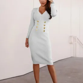 Winter Slim Fit V-neck Double Breasted Knitted Sexy Slim Midi Autumn Dress