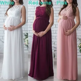 Women Pregnancy Sexy Long Dress Lace Chiffon O-Neck