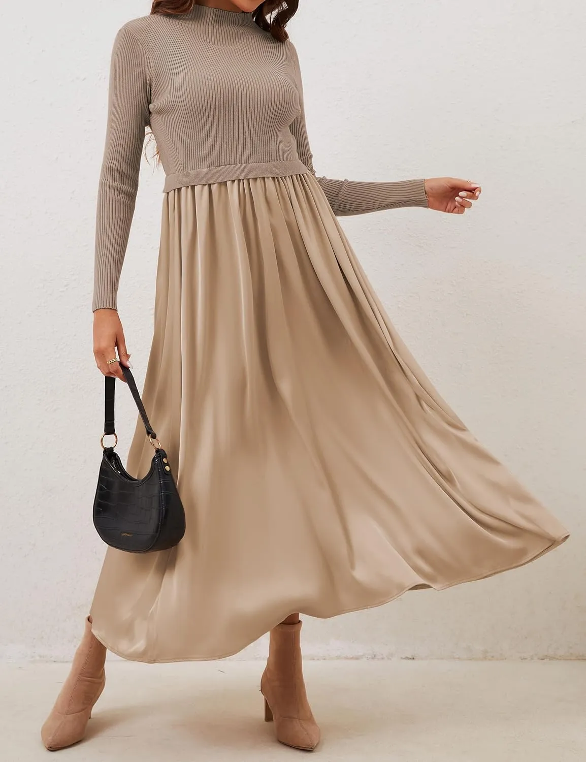 Women Turtle Neck Maxi Dress Long Sleeve Knit Sweater Dresses Turtleneck Winter Dress Flowy Slim Fit Fall Jumper Dress