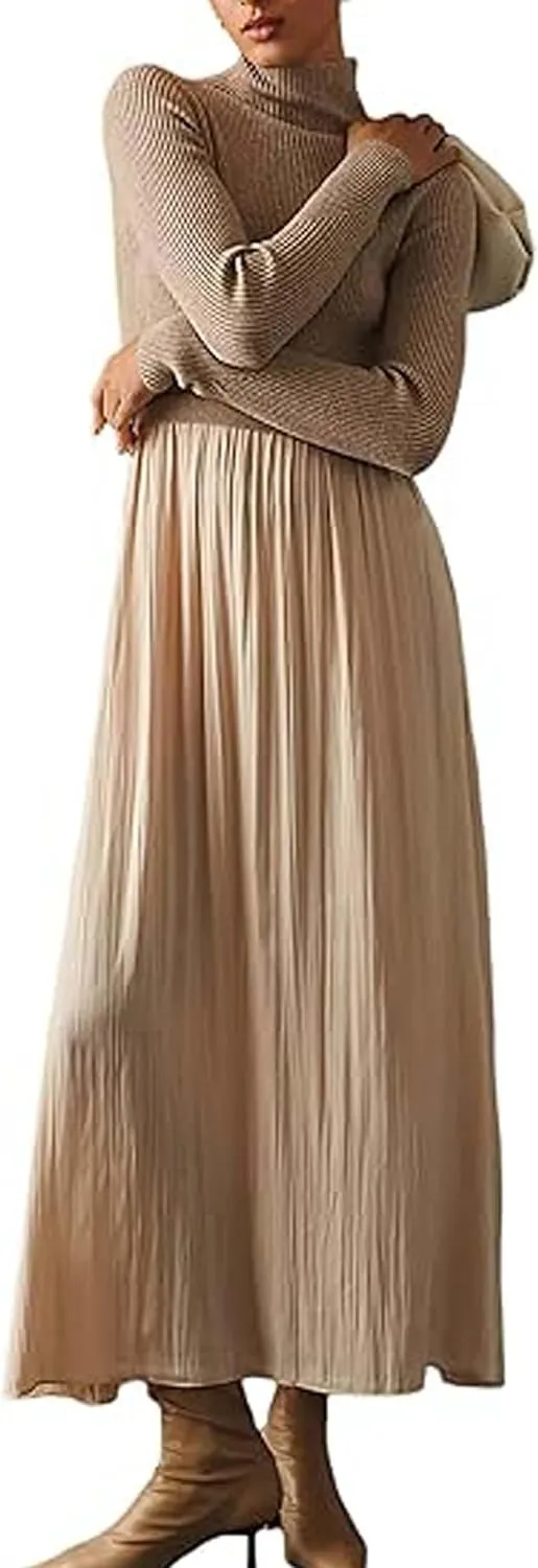 Women Turtle Neck Maxi Dress Long Sleeve Knit Sweater Dresses Turtleneck Winter Dress Flowy Slim Fit Fall Jumper Dress