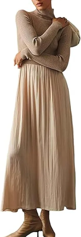 Women Turtle Neck Maxi Dress Long Sleeve Knit Sweater Dresses Turtleneck Winter Dress Flowy Slim Fit Fall Jumper Dress