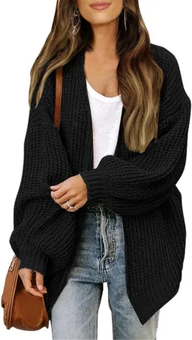 Womens Fall Sweaters Cardigan Long Lantern Sleeve Open Front Oversized Knit Coat Casual Sweater