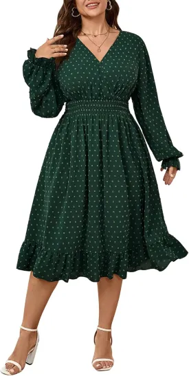 Women's Plus Size Fall Dress Long Sleeve V Neck Smocked Swiss Dot Flowy High Waisted A Line Ruffle Midi Dress
