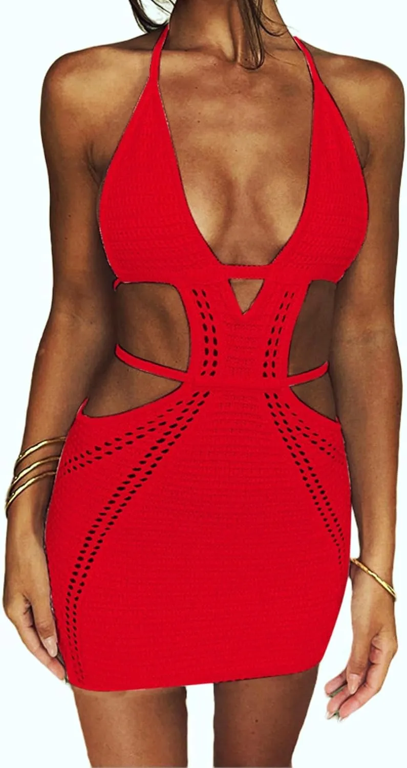 Women's Sexy Halter Hollow Out Knitted Mini Dress Sleeveless Backless Lace Up Bodycon Summer Beach Dress