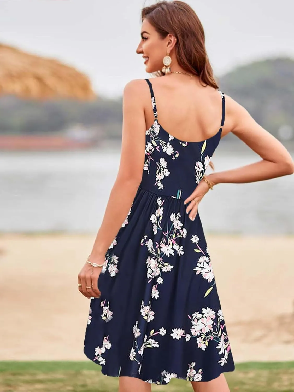 Womens Summer Dresses Spaghetti Strap Floral Dress Casual V Neck Midi Dress Cute A-Line Beach Dress with Pockets
