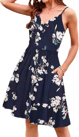 Womens Summer Dresses Spaghetti Strap Floral Dress Casual V Neck Midi Dress Cute A-Line Beach Dress with Pockets