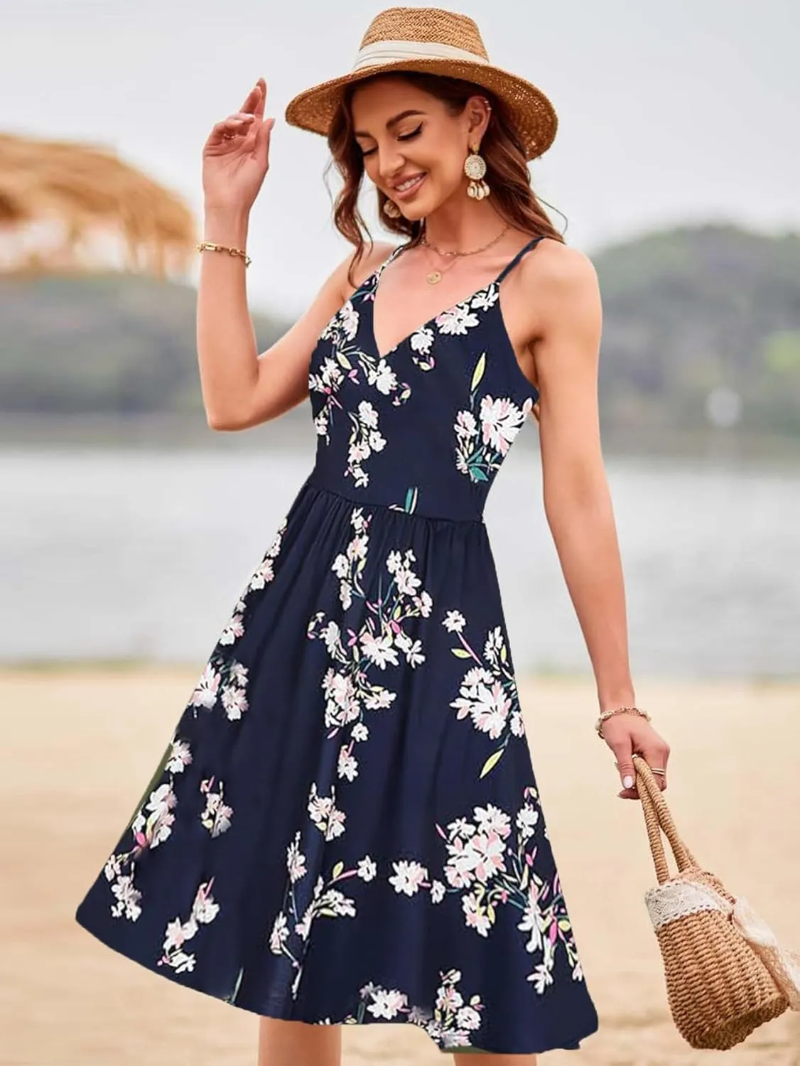 Womens Summer Dresses Spaghetti Strap Floral Dress Casual V Neck Midi Dress Cute A-Line Beach Dress with Pockets