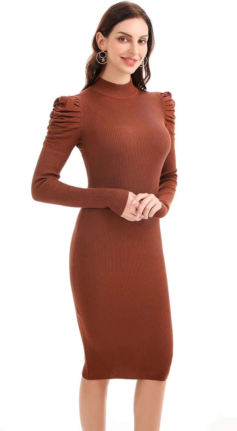 Womens Sweater Dresses Ribbed Puff Sleeve Midi Dress Winter Mock Neck