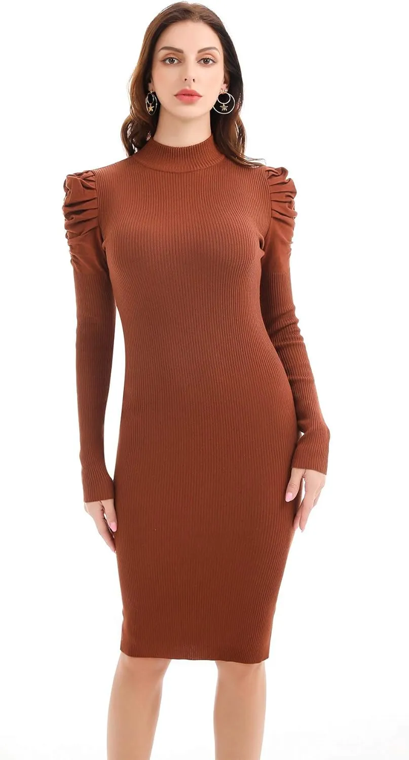 Womens Sweater Dresses Ribbed Puff Sleeve Midi Dress Winter Mock Neck