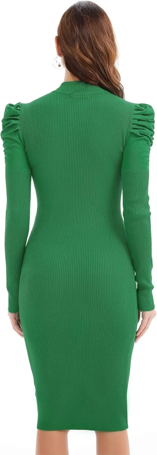 Womens Sweater Dresses Ribbed Puff Sleeve Midi Dress Winter Mock Neck