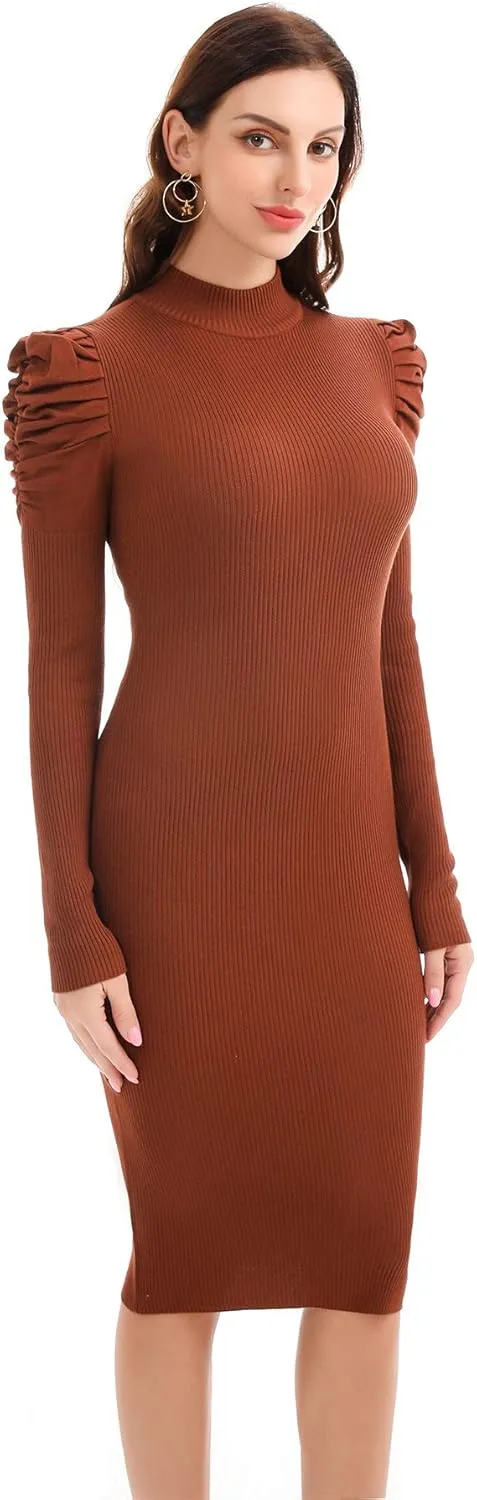 Womens Sweater Dresses Ribbed Puff Sleeve Midi Dress Winter Mock Neck