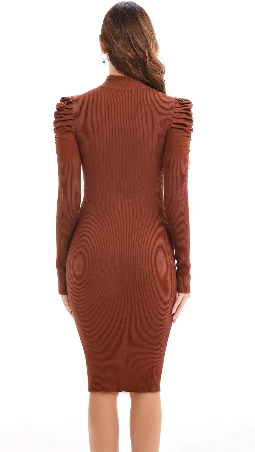 Womens Sweater Dresses Ribbed Puff Sleeve Midi Dress Winter Mock Neck