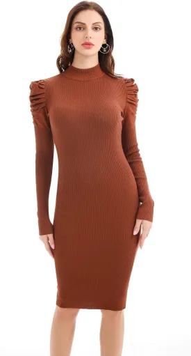 Womens Sweater Dresses Ribbed Puff Sleeve Midi Dress Winter Mock Neck