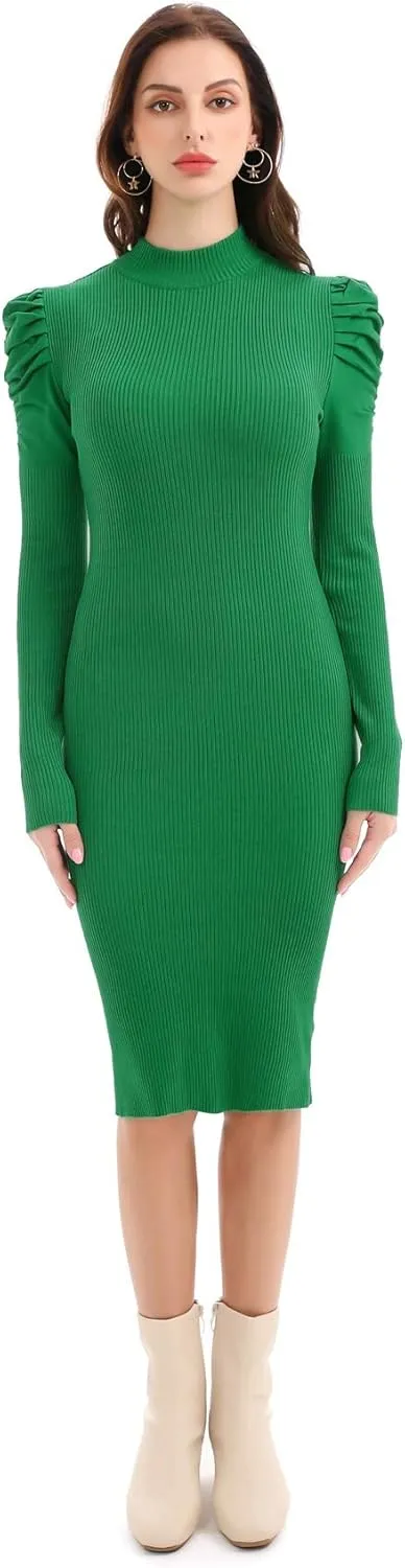 Womens Sweater Dresses Ribbed Puff Sleeve Midi Dress Winter Mock Neck