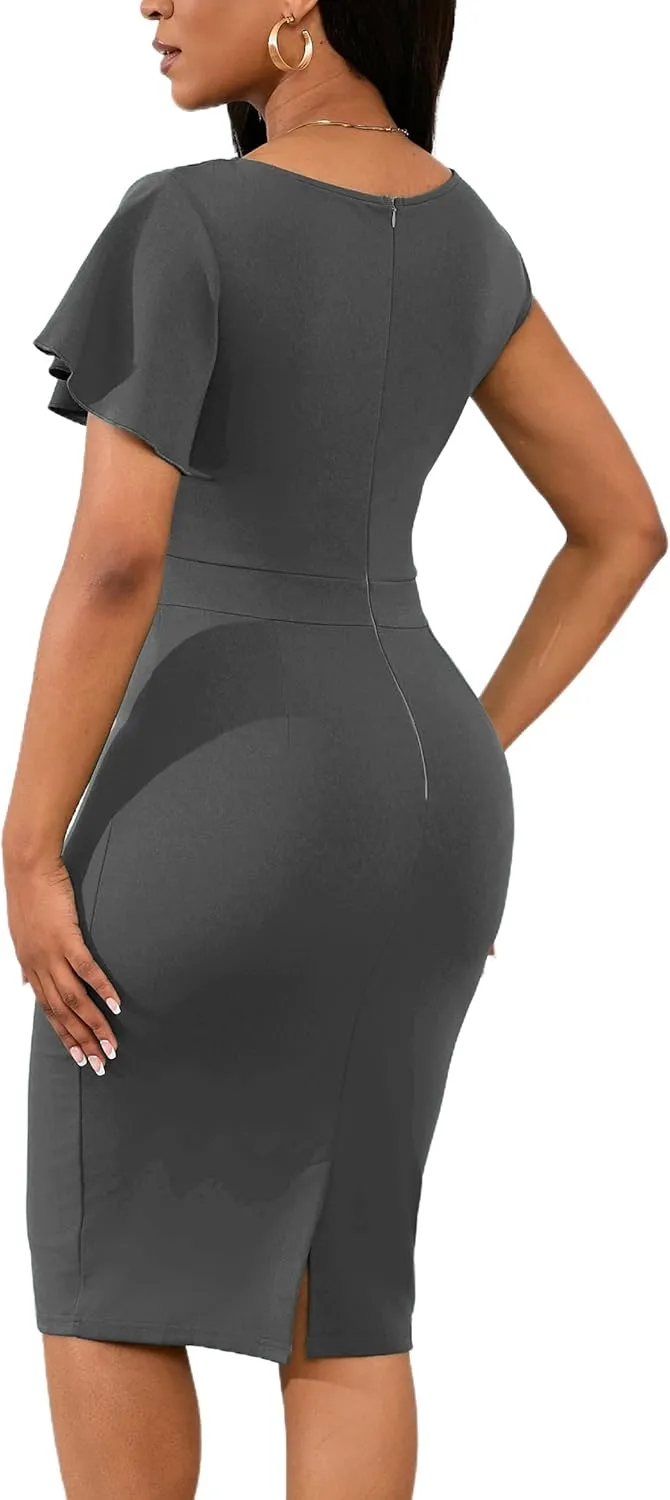 Yajedo Womens Retro Bodycon Pencil Midi Dress Crew Neck Ruffle Ruched Cocktail Sheath Midi Dress