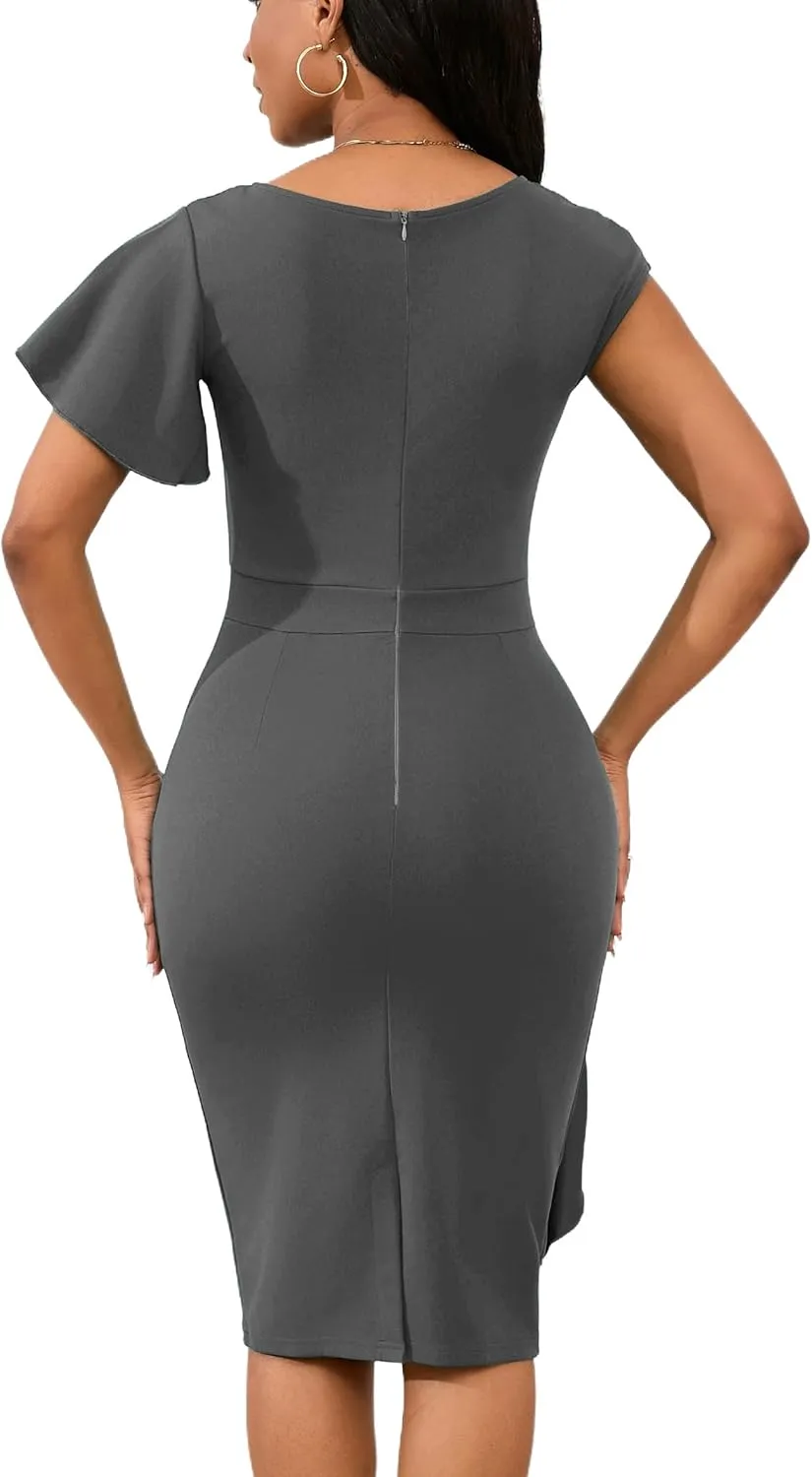 Yajedo Womens Retro Bodycon Pencil Midi Dress Crew Neck Ruffle Ruched Cocktail Sheath Midi Dress