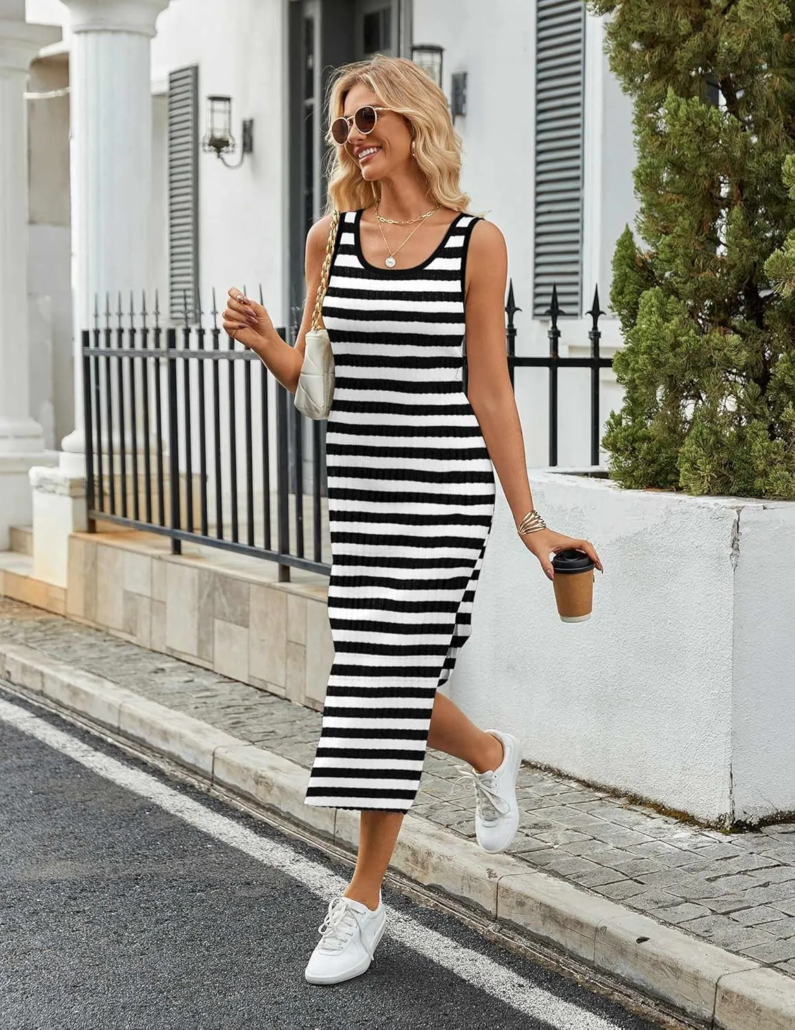 Zeagoo Women's Spring Summer Casual Dress Bodycon Midi Sleeveless Striped Knit Maternity Tank Sweater Dresses with Side Slit