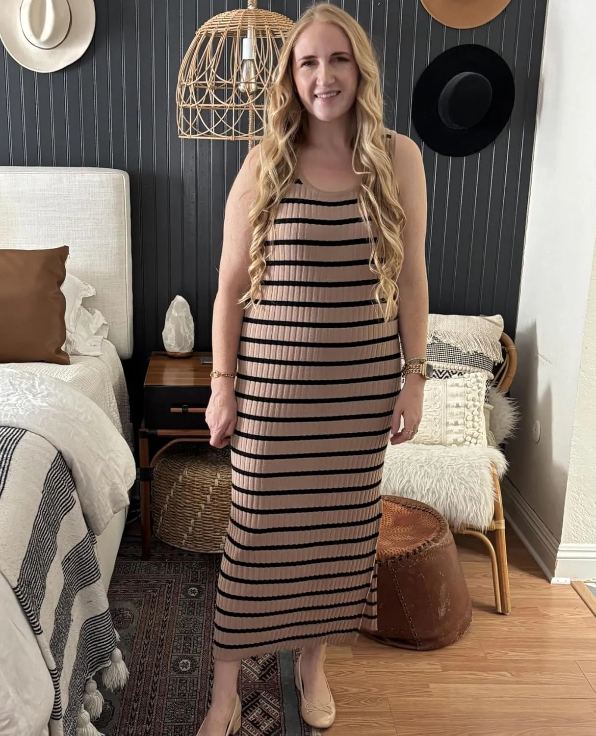 Zeagoo Women's Spring Summer Casual Dress Bodycon Midi Sleeveless Striped Knit Maternity Tank Sweater Dresses with Side Slit