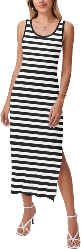 Zeagoo Women's Spring Summer Casual Dress Bodycon Midi Sleeveless Striped Knit Maternity Tank Sweater Dresses with Side Slit