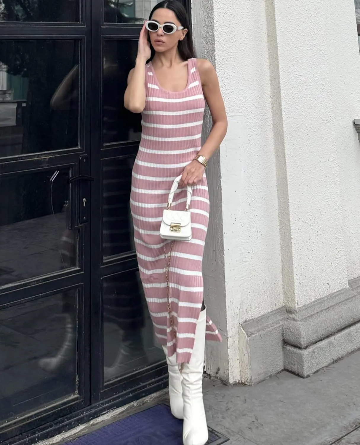 Zeagoo Women's Spring Summer Casual Dress Bodycon Midi Sleeveless Striped Knit Maternity Tank Sweater Dresses with Side Slit