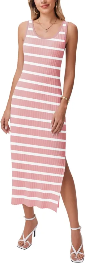 Zeagoo Women's Spring Summer Casual Dress Bodycon Midi Sleeveless Striped Knit Maternity Tank Sweater Dresses with Side Slit