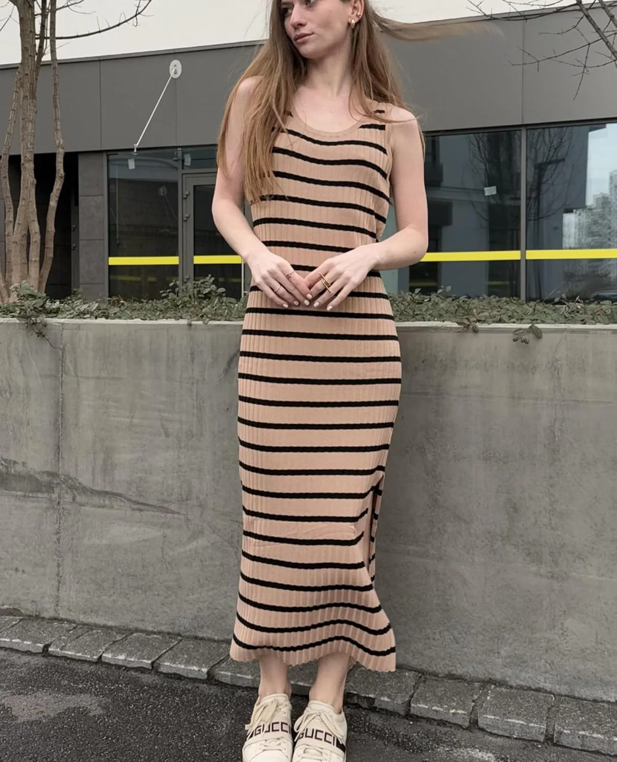 Zeagoo Women's Spring Summer Casual Dress Bodycon Midi Sleeveless Striped Knit Maternity Tank Sweater Dresses with Side Slit