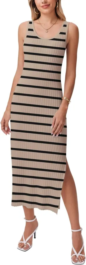 Zeagoo Women's Spring Summer Casual Dress Bodycon Midi Sleeveless Striped Knit Maternity Tank Sweater Dresses with Side Slit